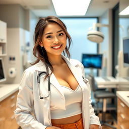 A beautiful Chinese woman with a slim, curvy body and very large breasts, wearing a chic doctor's coat over fashionable clothing