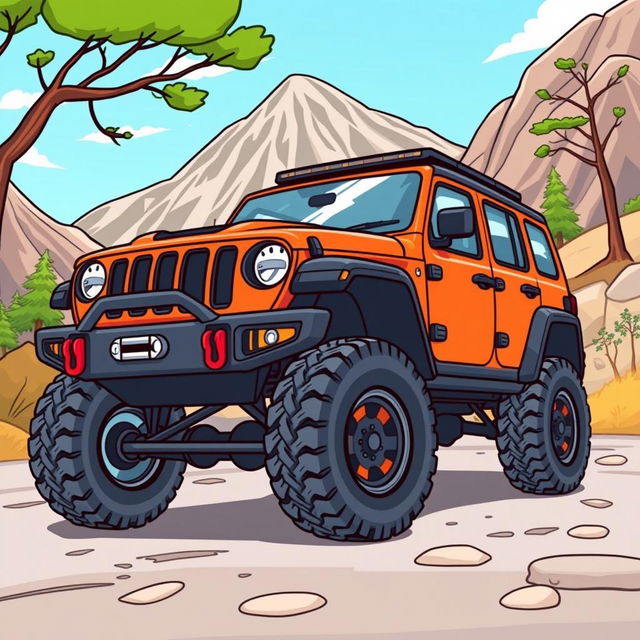 A vibrant cartoon illustration of a Jeep Cherokee Trailhawk, featuring its distinctive rugged design, high clearance, and bold styling