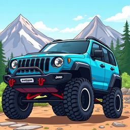 A vibrant cartoon illustration of a Jeep Cherokee Trailhawk, featuring its distinctive rugged design, high clearance, and bold styling