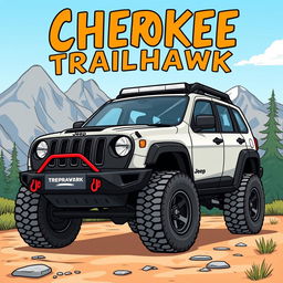 A vibrant cartoon illustration of a Jeep Cherokee Trailhawk, featuring its distinctive rugged design, high clearance, and bold styling