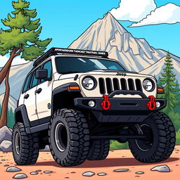 A vibrant cartoon illustration of a Jeep Cherokee Trailhawk, featuring its distinctive rugged design, high clearance, and bold styling