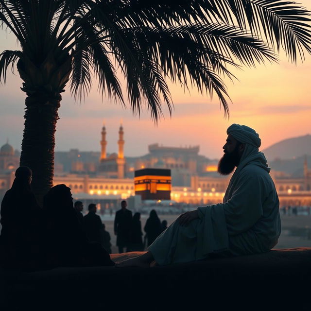 A contemplative scene showing the Prophet Muhammad in Makkah, lost in thought as he reflects on the martyrdom of the Yasir family, who were brutally killed by Abu Jahl