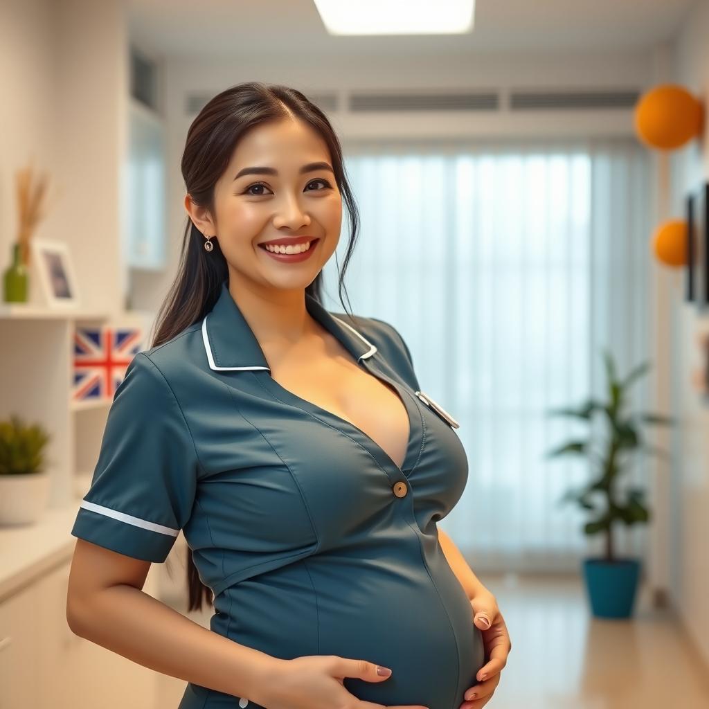 A beautiful Chinese midwife with a slim, curvy body and very large breasts, wearing a stylish midwife uniform that flatters her figure