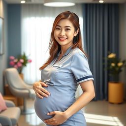 A beautiful Chinese midwife with a slim, curvy body and very large breasts, wearing a stylish midwife uniform that flatters her figure