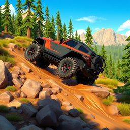 An animated scene showcasing a rugged Jeep Cherokee Trailhawk navigating through a challenging off-road environment