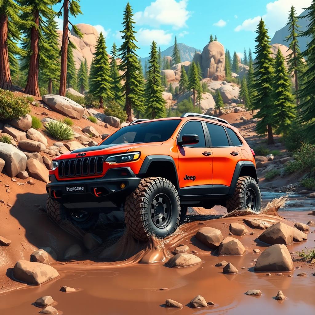 An animated scene showcasing a rugged Jeep Cherokee Trailhawk navigating through a challenging off-road environment