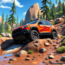 An animated scene showcasing a rugged Jeep Cherokee Trailhawk navigating through a challenging off-road environment