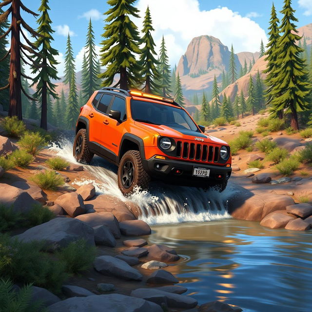 An animated scene showcasing a rugged Jeep Cherokee Trailhawk navigating through a challenging off-road environment