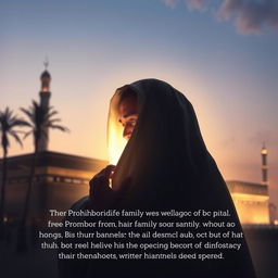 A poignant and reflective scene depicting the Prophet Muhammad in Makkah, partially shrouded in light, with his face illuminated from the front, conveying a sense of divine presence and wisdom