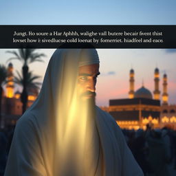 A poignant and reflective scene depicting the Prophet Muhammad in Makkah, partially shrouded in light, with his face illuminated from the front, conveying a sense of divine presence and wisdom