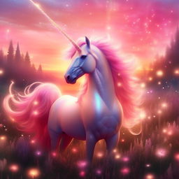 Glowing, majestic unicorn frolicking in a dreamy field under a pink sunset, strewn with sparkling fireflies and gentle, pastel-hued wildflowers