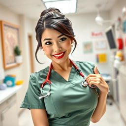 A beautiful Chinese nurse with a slim, curvy body and very large breasts, wearing a stylish nurse uniform that accentuates her figure