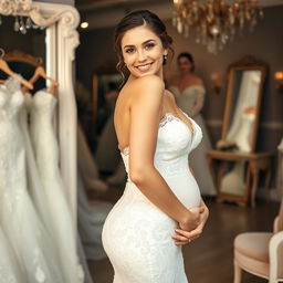 A beautiful young bride facing the viewer while trying on a very tight lace wedding gown that elegantly emphasizes her very wide hips and figure