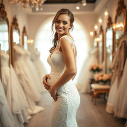 A beautiful young bride facing the viewer while trying on a very tight lace wedding gown that elegantly emphasizes her very wide hips and figure