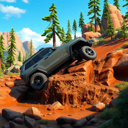 An animated scene showcasing a rugged gray Jeep Cherokee Trailhawk navigating through a challenging off-road environment