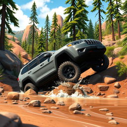 An animated scene showcasing a rugged gray Jeep Cherokee Trailhawk navigating through a challenging off-road environment