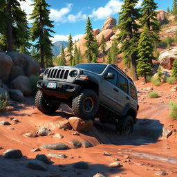 An animated scene showcasing a rugged gray Jeep Cherokee Trailhawk navigating through a challenging off-road environment