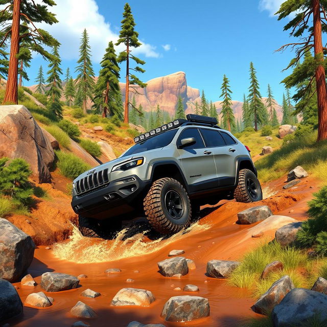 An animated scene showcasing a rugged gray Jeep Cherokee Trailhawk navigating through a challenging off-road environment