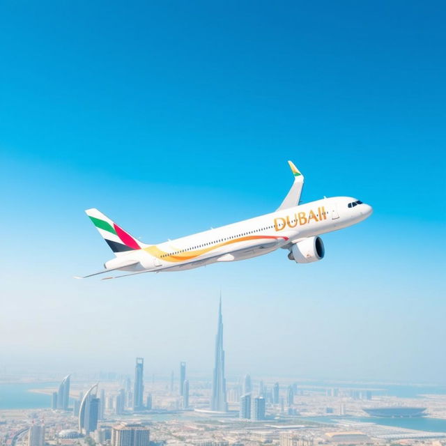 An artistic representation of a Dubai airline airplane soaring through a clear blue sky, featuring the airline's distinctive livery with elegant designs and vibrant colors