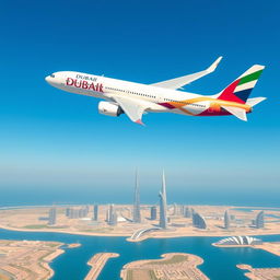 An artistic representation of a Dubai airline airplane soaring through a clear blue sky, featuring the airline's distinctive livery with elegant designs and vibrant colors