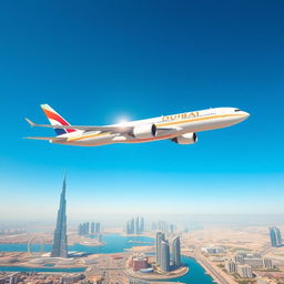 An artistic representation of a Dubai airline airplane soaring through a clear blue sky, featuring the airline's distinctive livery with elegant designs and vibrant colors