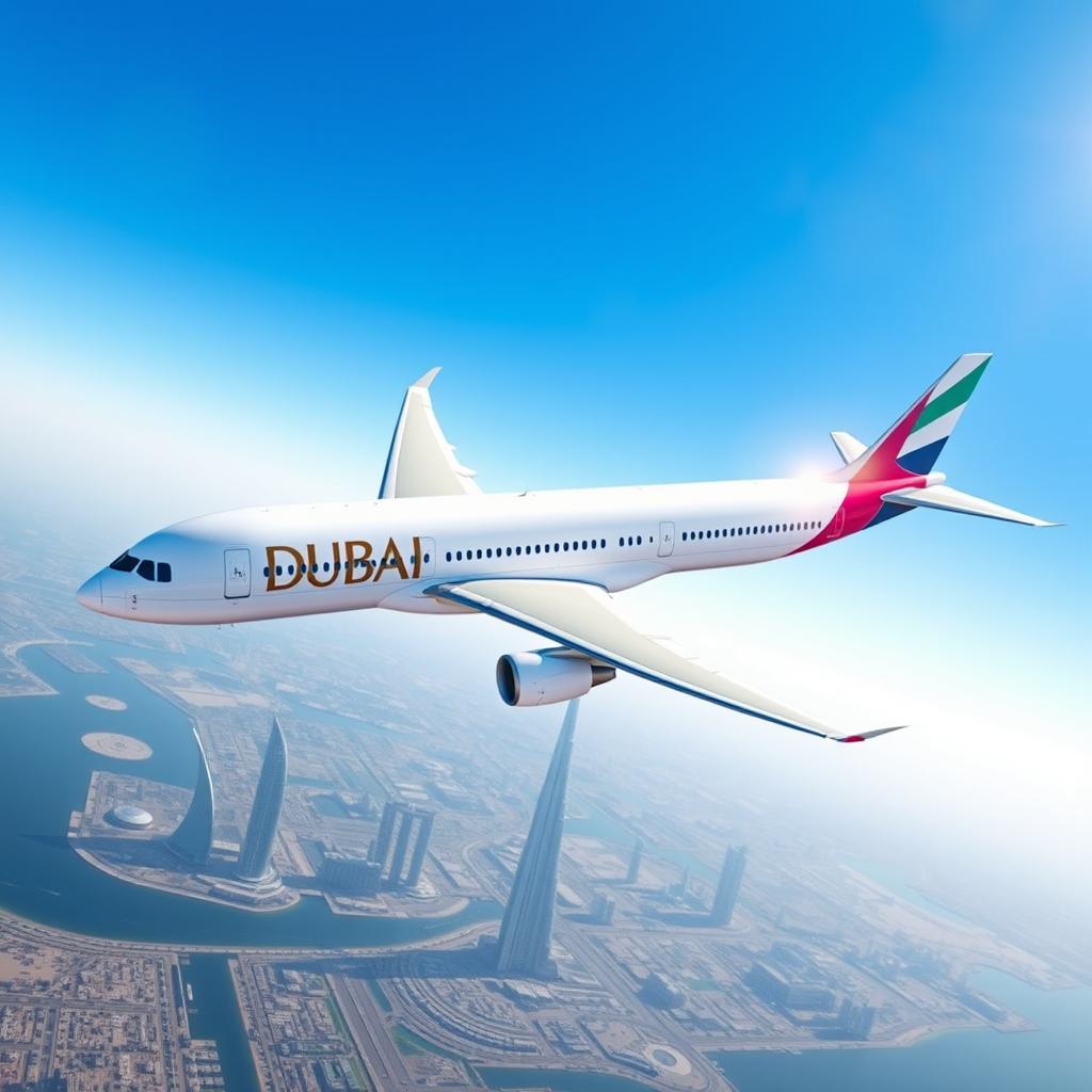 An artistic representation of a Dubai airline airplane soaring through a clear blue sky, featuring the airline's distinctive livery with elegant designs and vibrant colors