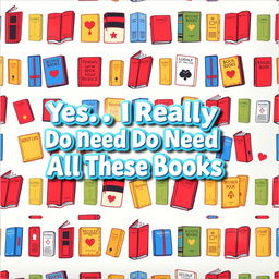 A square design featuring an eye-catching pattern of various colorful books, each illustrated with unique titles and designs
