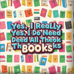 A square design featuring an eye-catching pattern of various colorful books, each illustrated with unique titles and designs