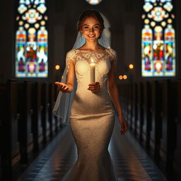 A beautiful young bride walking toward the viewer, holding a softly glowing candle that illuminates her path in a darkened church