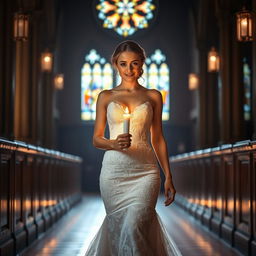 A beautiful young bride walking toward the viewer, holding a softly glowing candle that illuminates her path in a darkened church