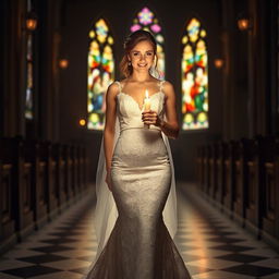 A beautiful young bride walking toward the viewer, holding a softly glowing candle that illuminates her path in a darkened church