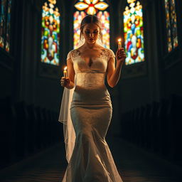 A beautiful young bride walking toward the viewer, holding a softly glowing candle that lights her path in a dark church