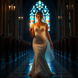 A beautiful young bride walking toward the viewer, holding a softly glowing candle that lights her path in a dark church