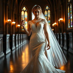 A beautiful young bride walking toward the viewer, holding a softly glowing candle that lights her path in a dark church
