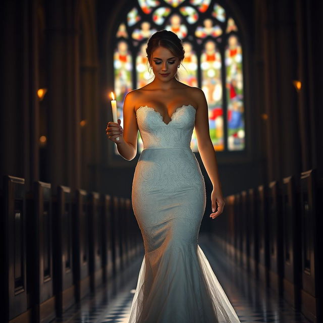 A beautiful young bride walking toward the viewer, holding a softly glowing candle that lights her path in a dark church