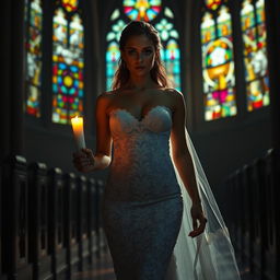 A beautiful young bride walking toward the viewer, holding a softly glowing candle that illuminates her path in a dark church
