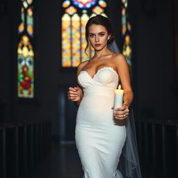 A beautiful young bride walking toward the viewer, holding a softly glowing candle that illuminates her path in a dark church