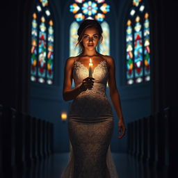 A beautiful young bride walking toward the viewer, holding a softly glowing candle that illuminates her path in a dark church