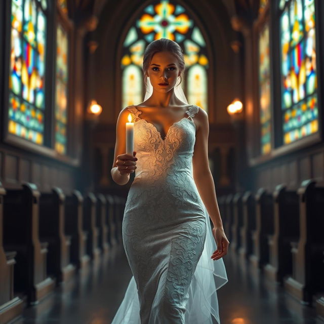 A beautiful young bride walking toward the viewer, holding a softly glowing candle that illuminates her path in a dark church