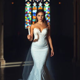A beautiful young bride walking toward the viewer, holding a softly glowing candle that illuminates her path in a dark church