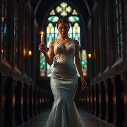 A beautiful young bride walking toward the viewer, holding a softly glowing candle that illuminates her path in a dark church