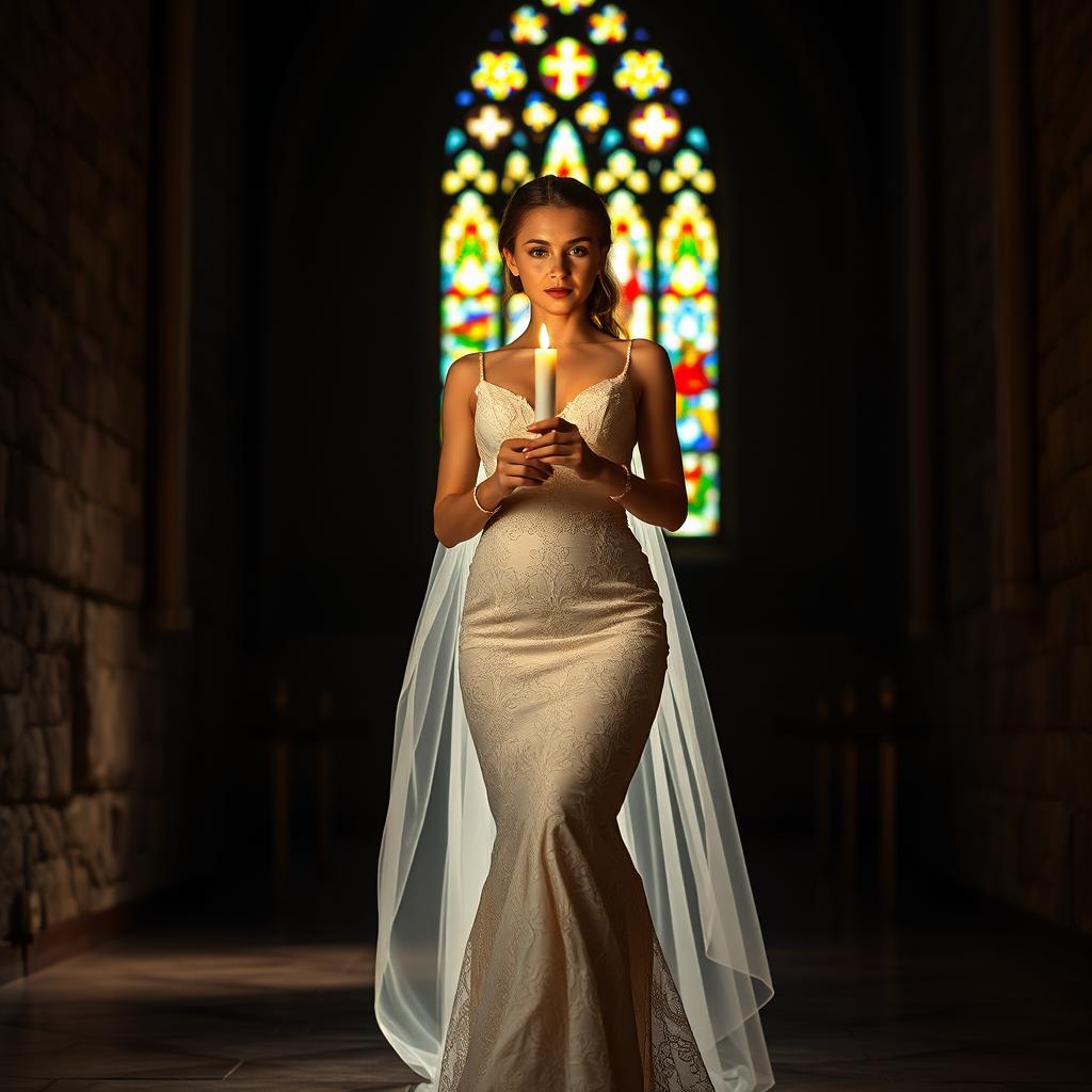 A beautiful young bride walking toward the viewer, holding a softly glowing candle that illuminates her path in a dark church