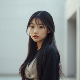 A melancholic Korean girl standing and facing the camera, capturing a deep and introspective expression