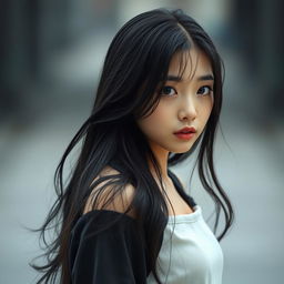 A melancholic Korean girl standing and facing the camera, capturing a deep and introspective expression