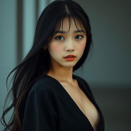 A melancholic Korean girl standing and facing the camera, capturing a deep and introspective expression