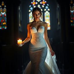 A beautiful young bride walking toward the viewer, holding a softly glowing candle that illuminates her path in a dark, atmospheric church