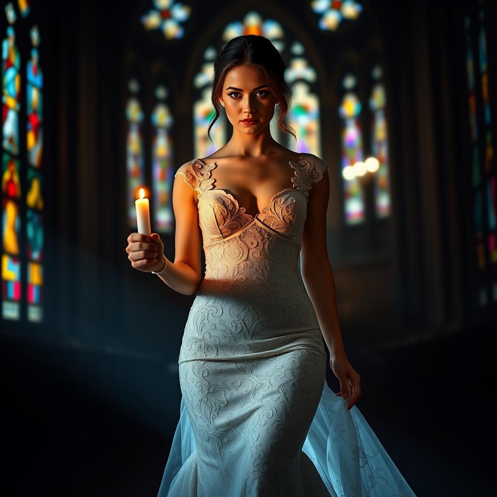 A beautiful young bride walking toward the viewer, holding a softly glowing candle that illuminates her path in a dark, atmospheric church