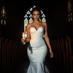 A beautiful young bride walking toward the viewer, holding a softly glowing candle that illuminates her path in a dark, atmospheric church
