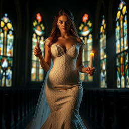 A beautiful young bride walking toward the viewer, holding a softly glowing candle that illuminates her path in a dark, atmospheric church