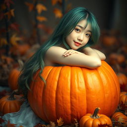 A melancholic Korean girl, elegantly posed and attractive, sitting sideways inside a pumpkin, glancing softly at the camera with a gentle smile
